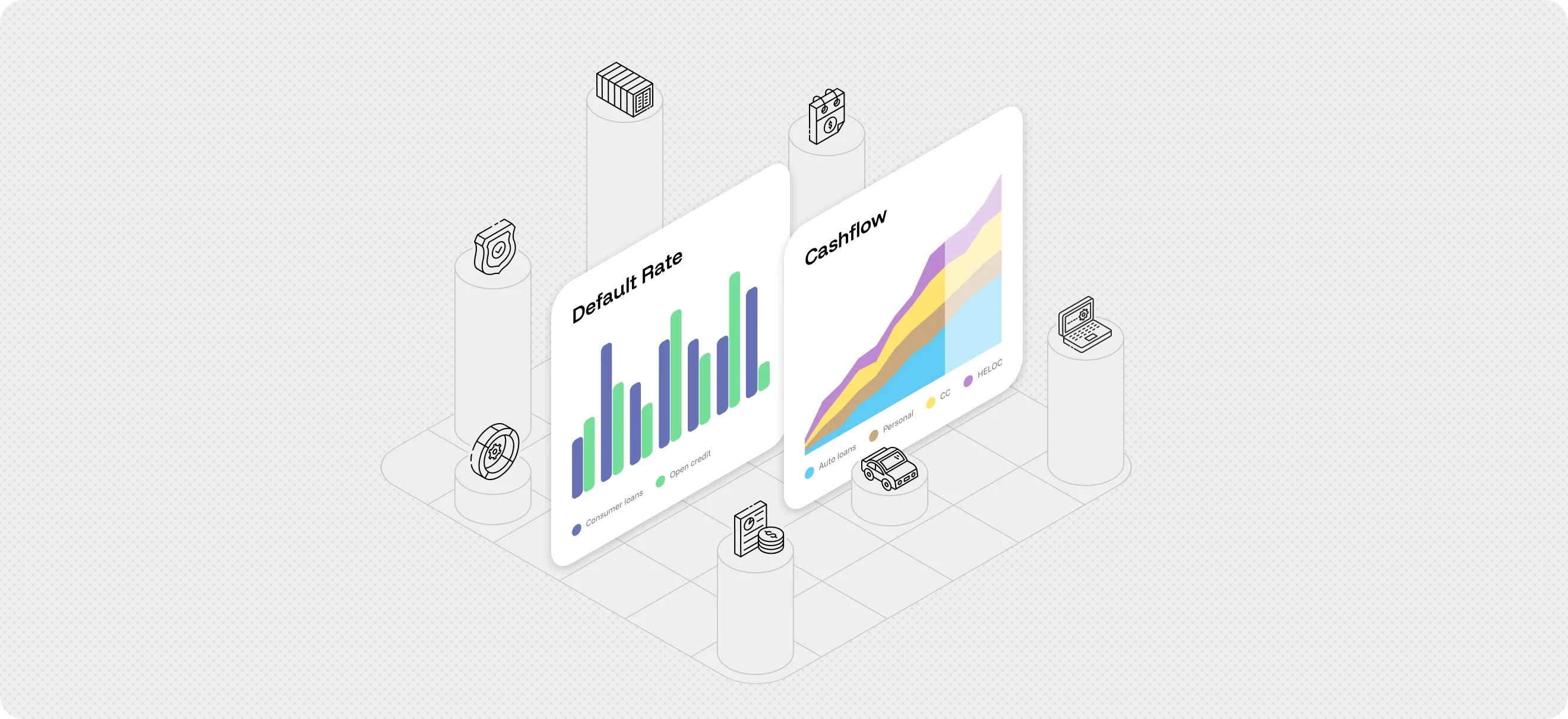Isometric illustration of the timveroOS loan servicing flow, billing, payment posting, mid-term events, collections, and GL reconciliation on a shared building platform