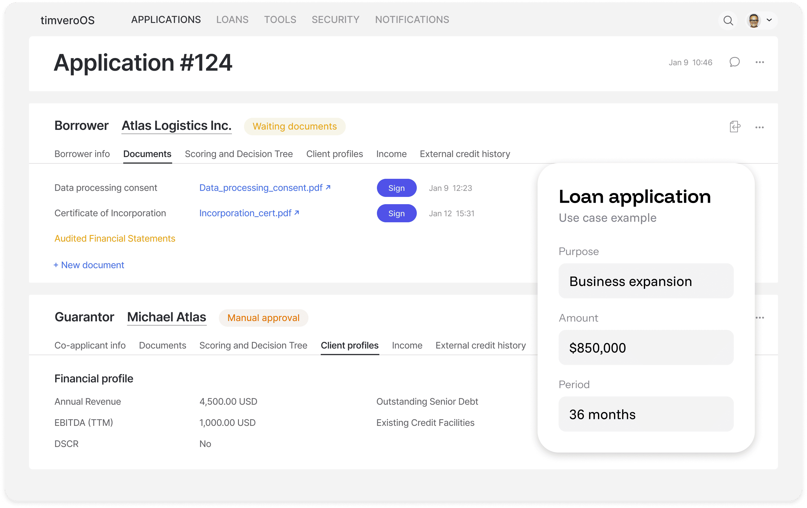 timveroOS commercial lending dashboard with multi-participant loan portfolio, borrower and guarantor tiles, and a live exposure summary