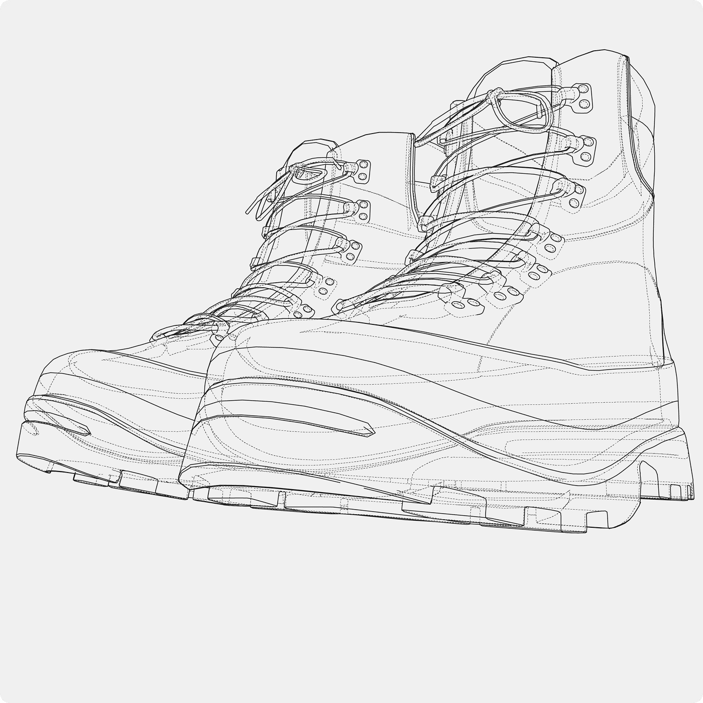 Line-drawing of field-agent boots, evoking offline-first borrower enrollment for microfinance lending across emerging markets
