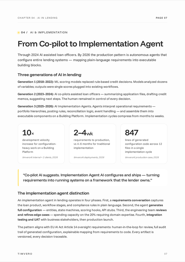 AI implementation chapter — agent-led configuration of lending systems.