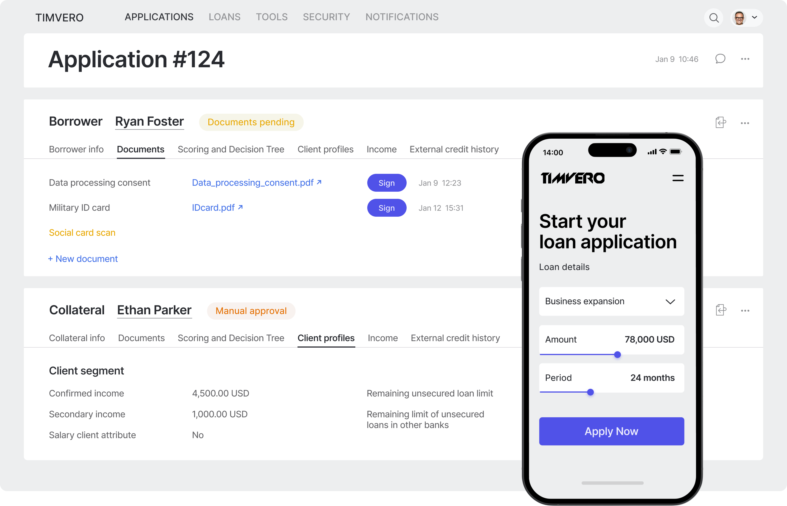 timveroOS loan origination interface example
